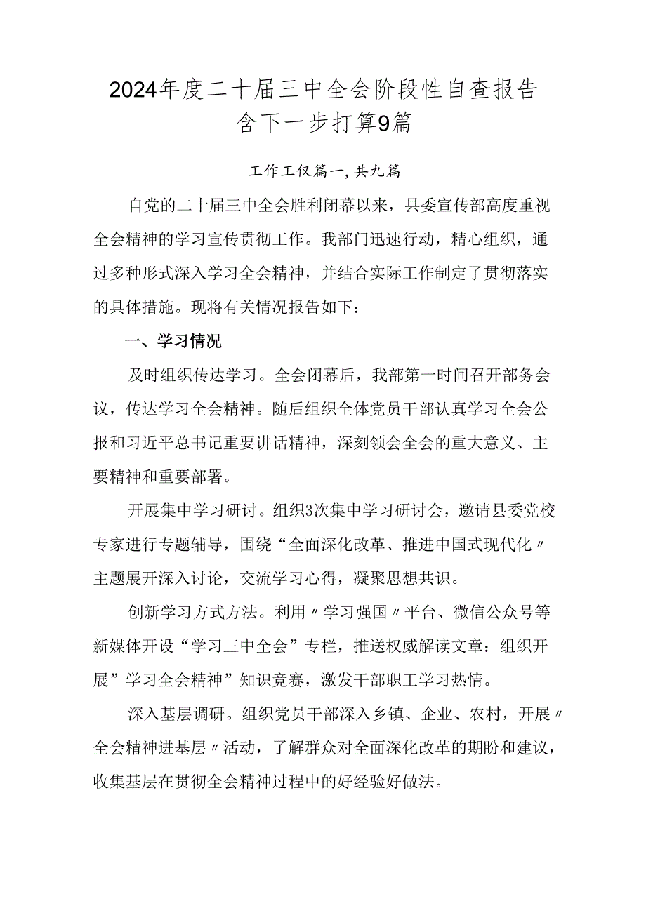 2024年度二十届三中全会阶段性自查报告含下一步打算9篇.docx_第1页