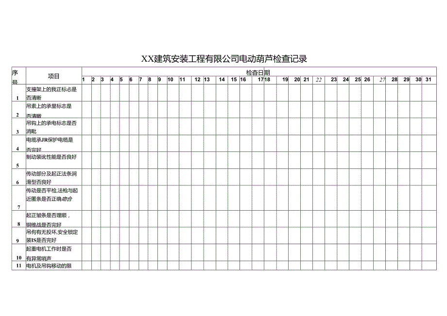 XX建筑安装工程有限公司电动葫芦检查记录（2024年）.docx_第1页