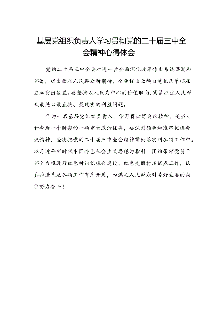 基层党组织负责人学习贯彻党的二十届三中全会精神心得体会.docx_第1页