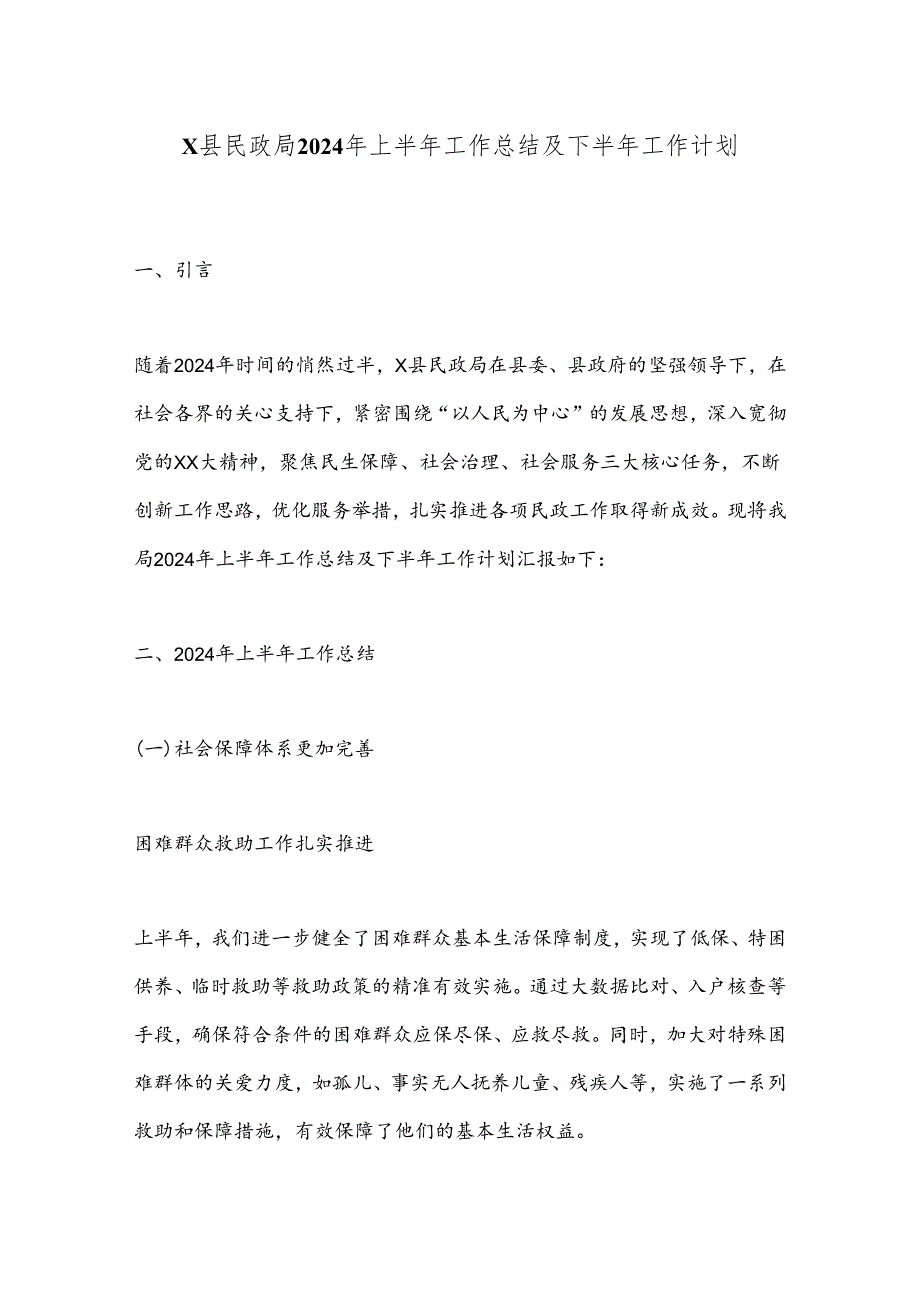 X县民政局2024年上半年工作总结及下半年工作计划.docx_第1页