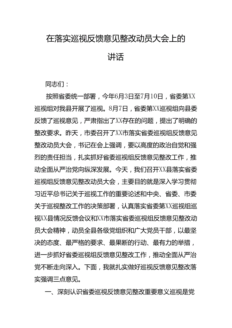 在落实巡视反馈意见整改动员大会上的讲话.docx_第1页