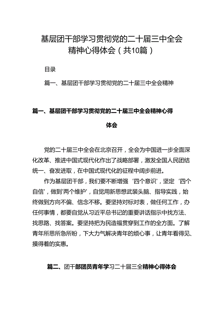 基层团干部学习贯彻党的二十届三中全会精神心得体会【10篇】.docx_第1页