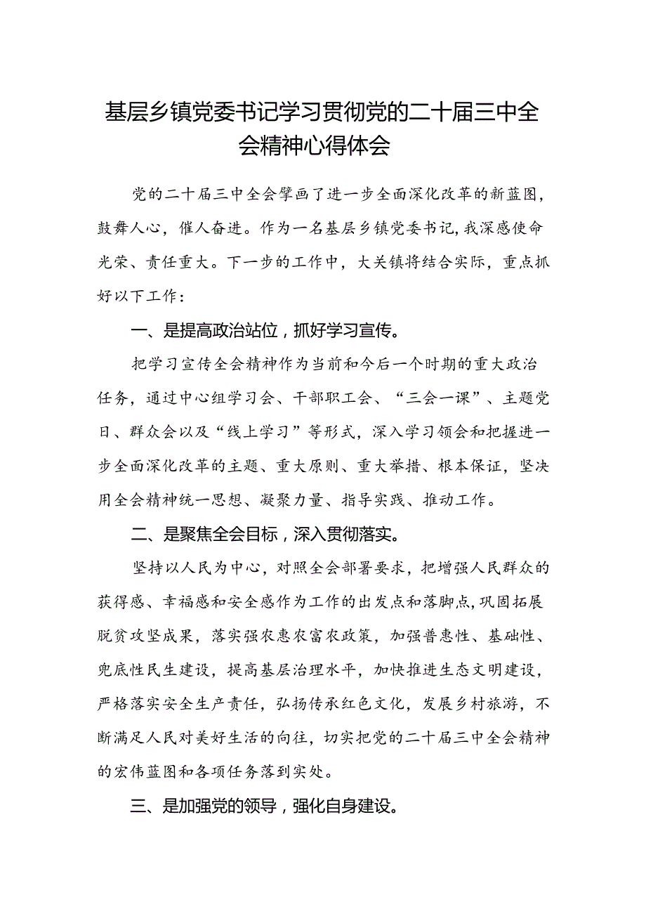 基层乡镇党委书记学习贯彻党的二十届三中全会精神心得体会 .docx_第1页