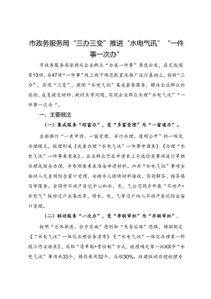 市政务服务局交流发言：“三办三变”推进“水电气讯” “一件事一次办”.docx