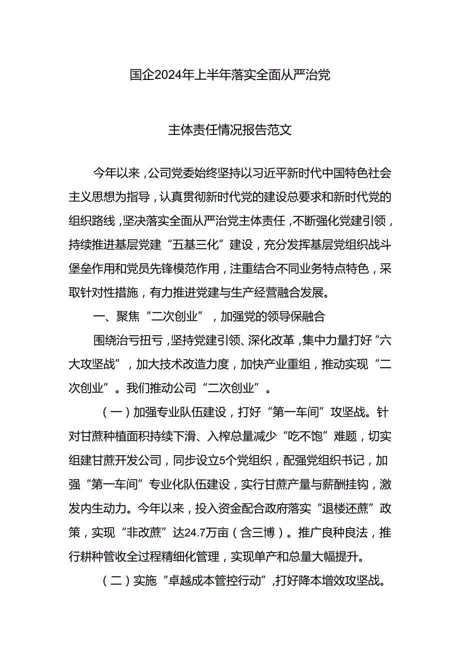 国企2024年上半年落实全面从严治党主体责任情况报告范文.docx_第1页