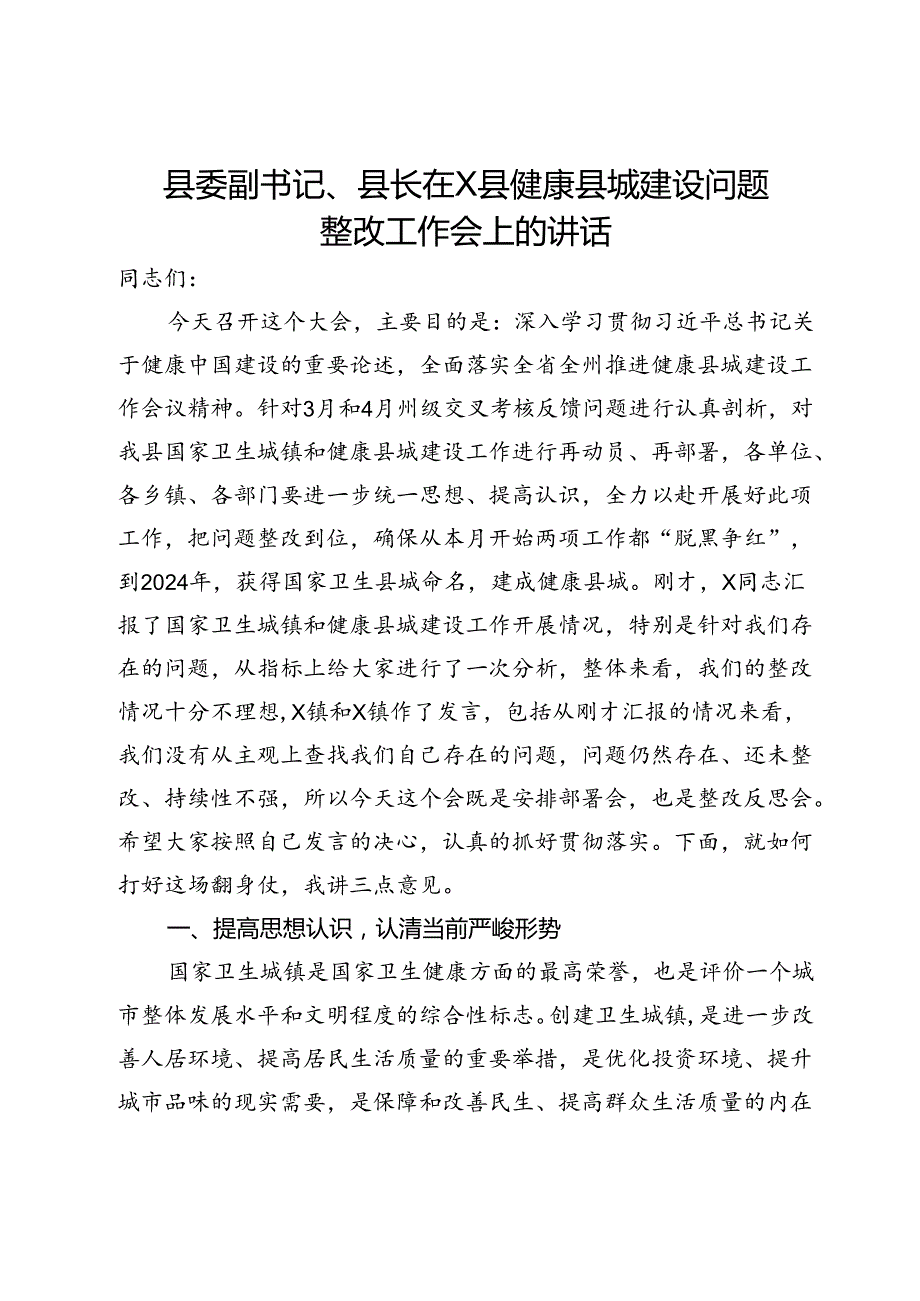 县委副书记、县长在县健康县城建设问题整改工作会上的讲话.docx_第1页