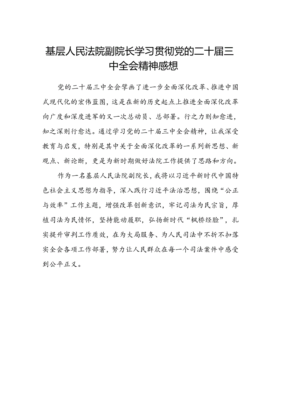 基层人民法院副院长学习贯彻党的二十届三中全会精神感想.docx_第1页