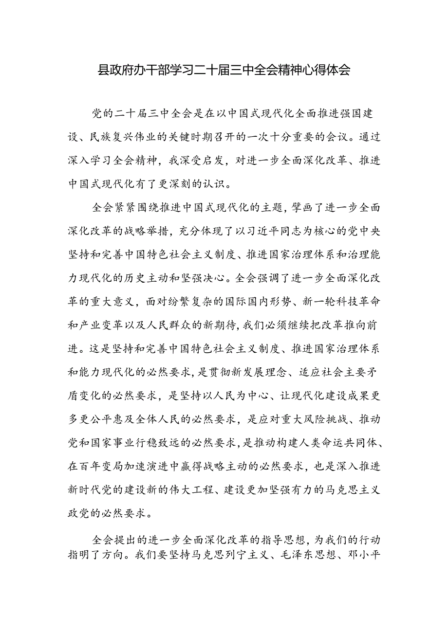 县政府办干部学习二十届三中全会精神研讨发言心得体会.docx_第1页