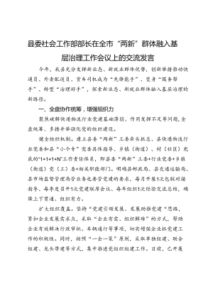 县委社会工作部部长在全市“两新”群体融入基层治理工作会议上的交流发言.docx