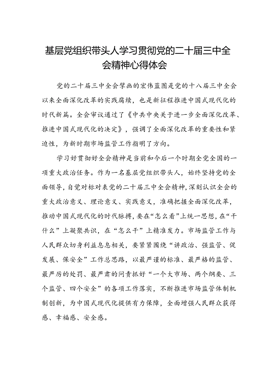 基层党组织带头人学习贯彻党的二十届三中全会精神心得体会.docx_第1页