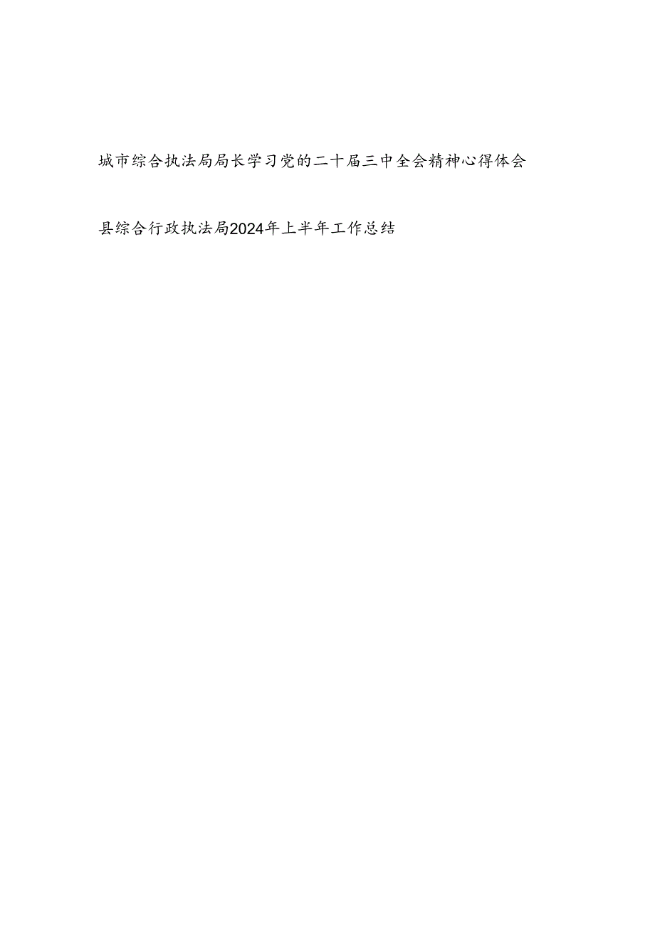 城市综合执法局局长学习党的二十届三中全会精神研讨发言心得体会和县综合行政执法局2024年上半年工作总结.docx_第1页