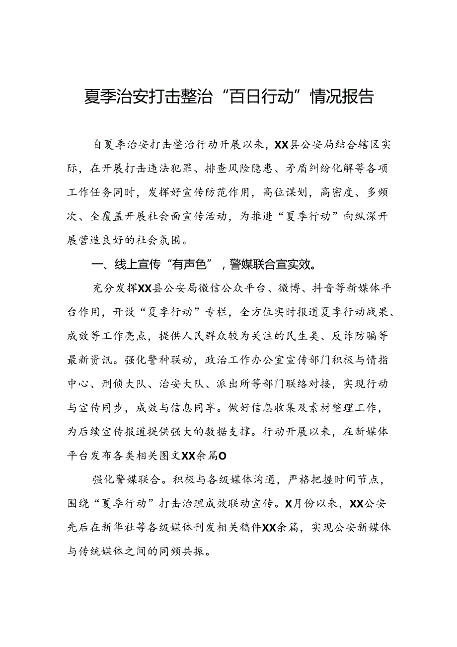 公安2024年夏季治安打击整治行动开展情况报告五篇.docx_第1页