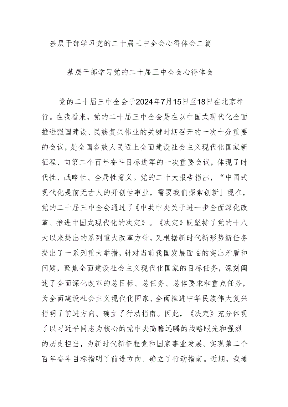 基层干部学习党的二十届三中全会心得体会二篇.docx_第1页