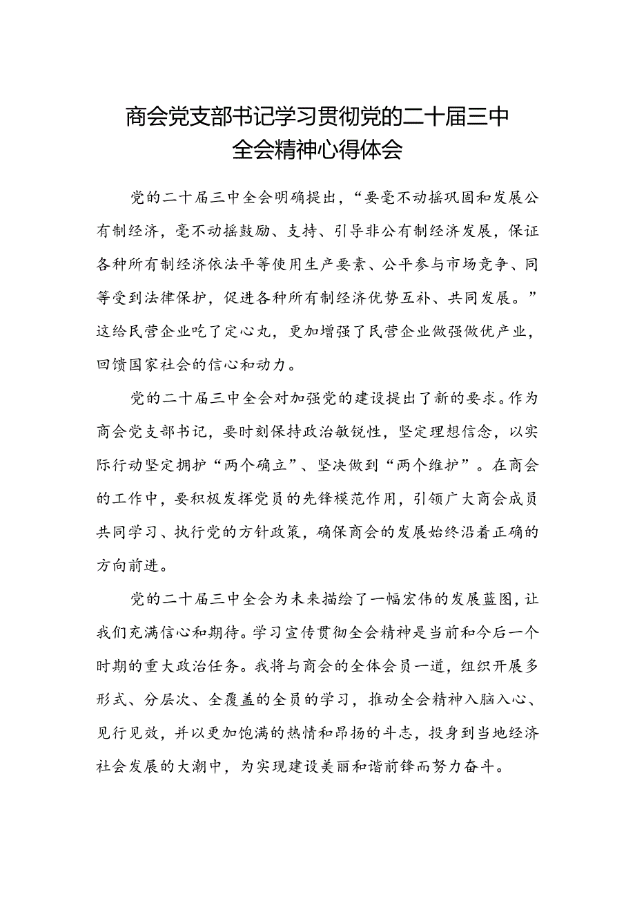 商会党支部书记学习贯彻党的二十届三中全会精神心得体会.docx_第1页