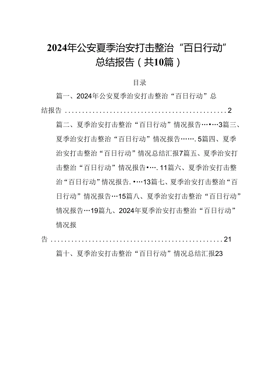 2024年公安夏季治安打击整治“百日行动”总结报告10篇供参考.docx_第1页