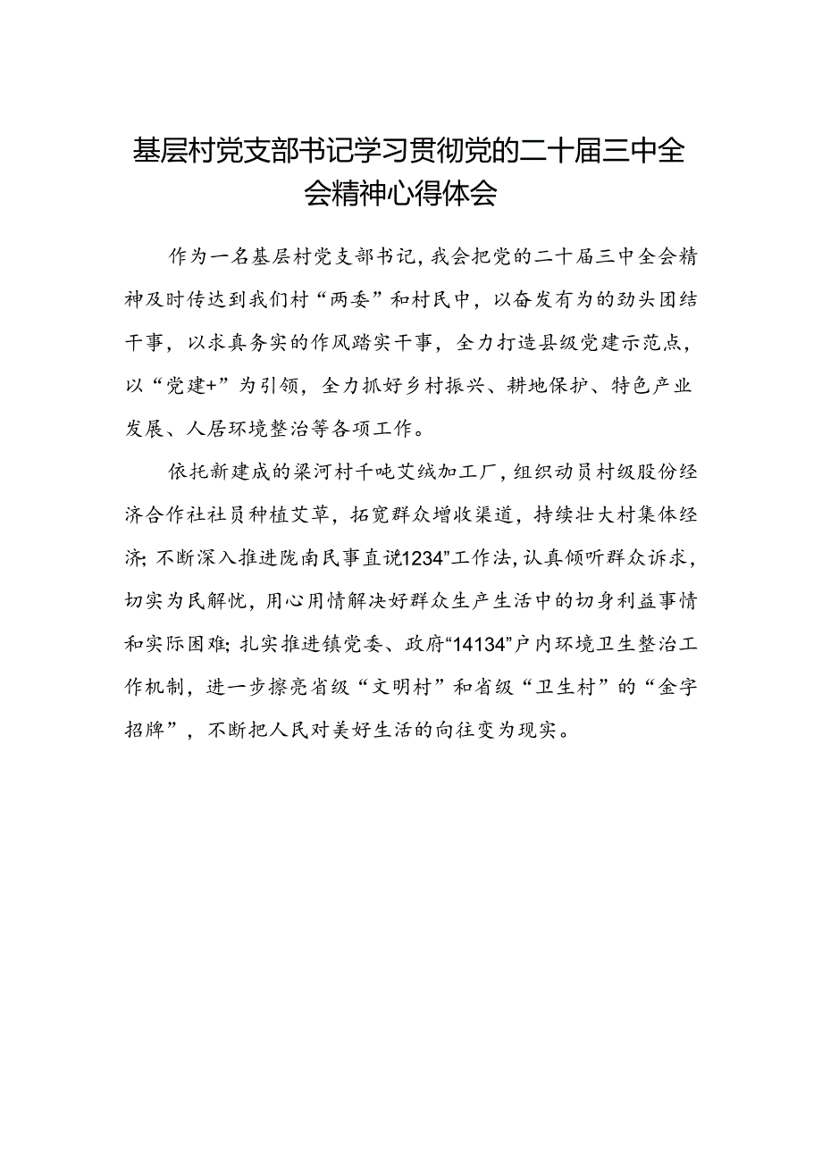 基层村党支部书记学习贯彻党的二十届三中全会精神心得体会范本.docx_第1页