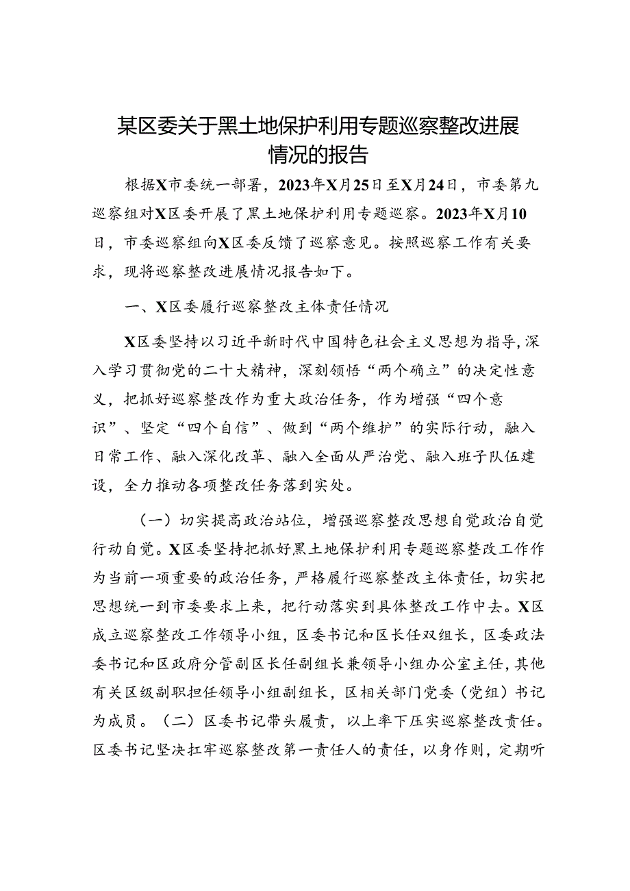 县区关于黑土地保护利用专题巡察整改进展情况的总结报告.docx_第1页