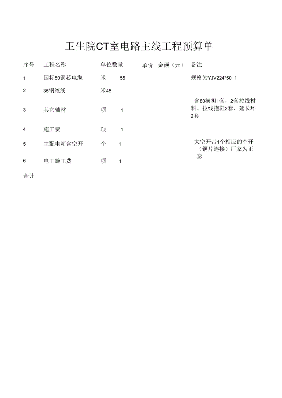 卫生院CT室电路主线工程预算单.docx_第1页