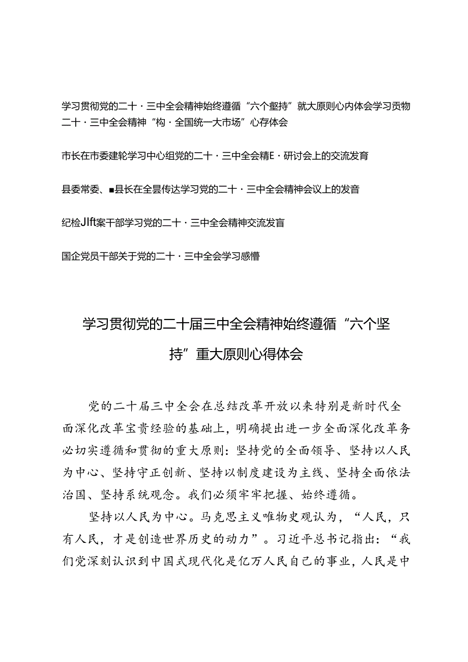 学习贯彻党的二十届三中全会精神始终遵循“六个坚持”重大原则、“构建全国统一大市场”心得体会.docx_第1页