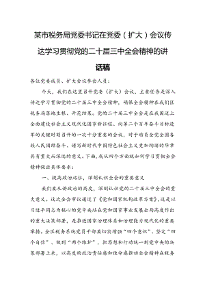 某市税务局党委书记在党委（扩大）会议传达学习贯彻党的二十届三中全会精神的讲话稿.docx