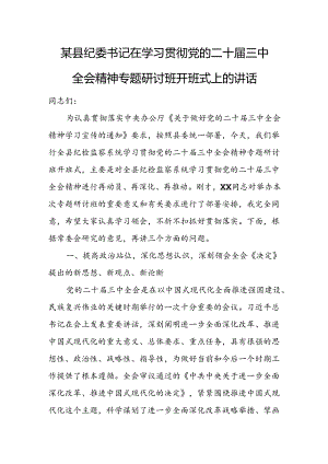 某县纪委书记在学习贯彻党的二十届三中全会精神专题研讨班开班式上的讲话.docx