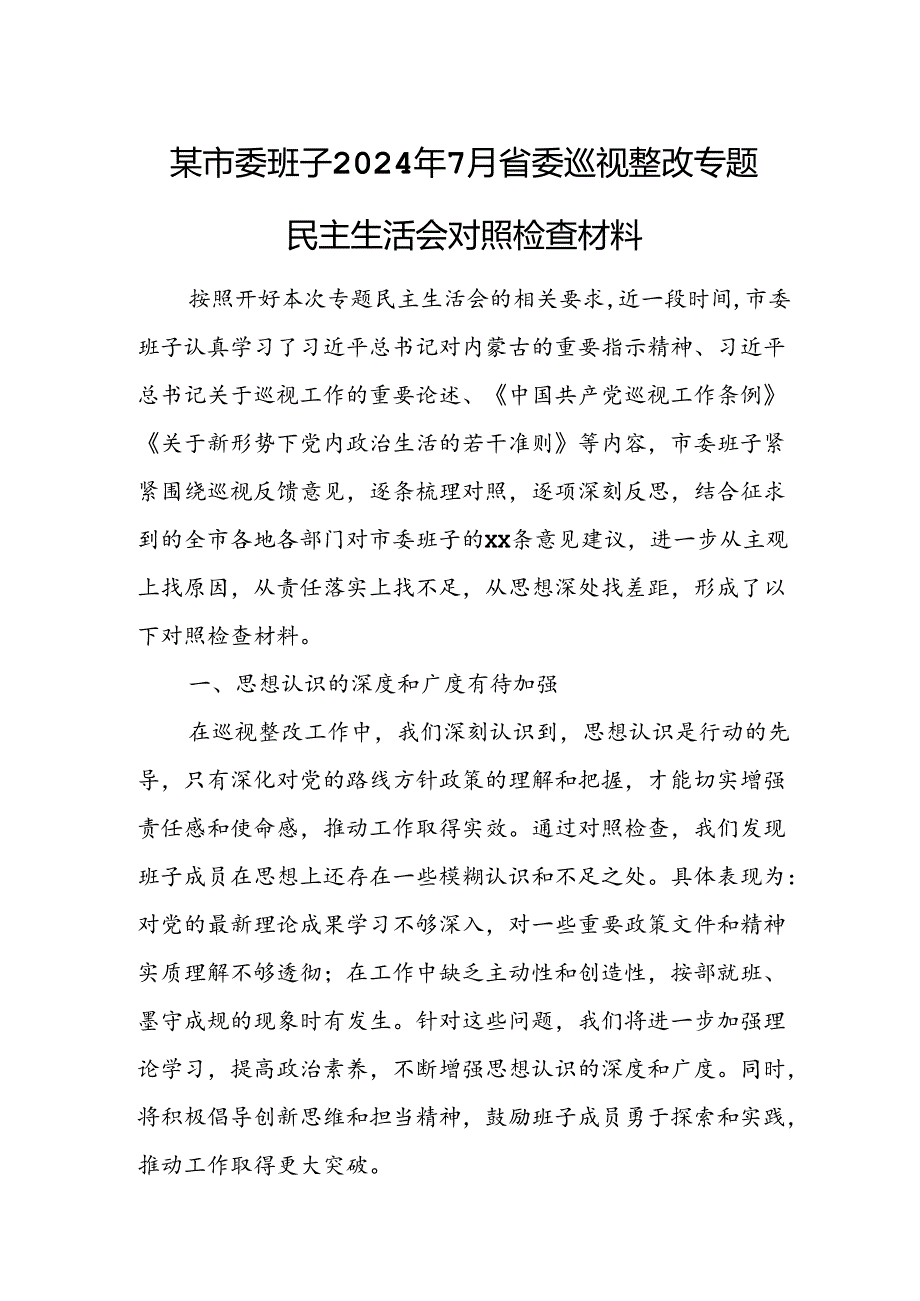 某市委班子2024年7月省委巡视整改专题民主生活会对照检查材料.docx_第1页