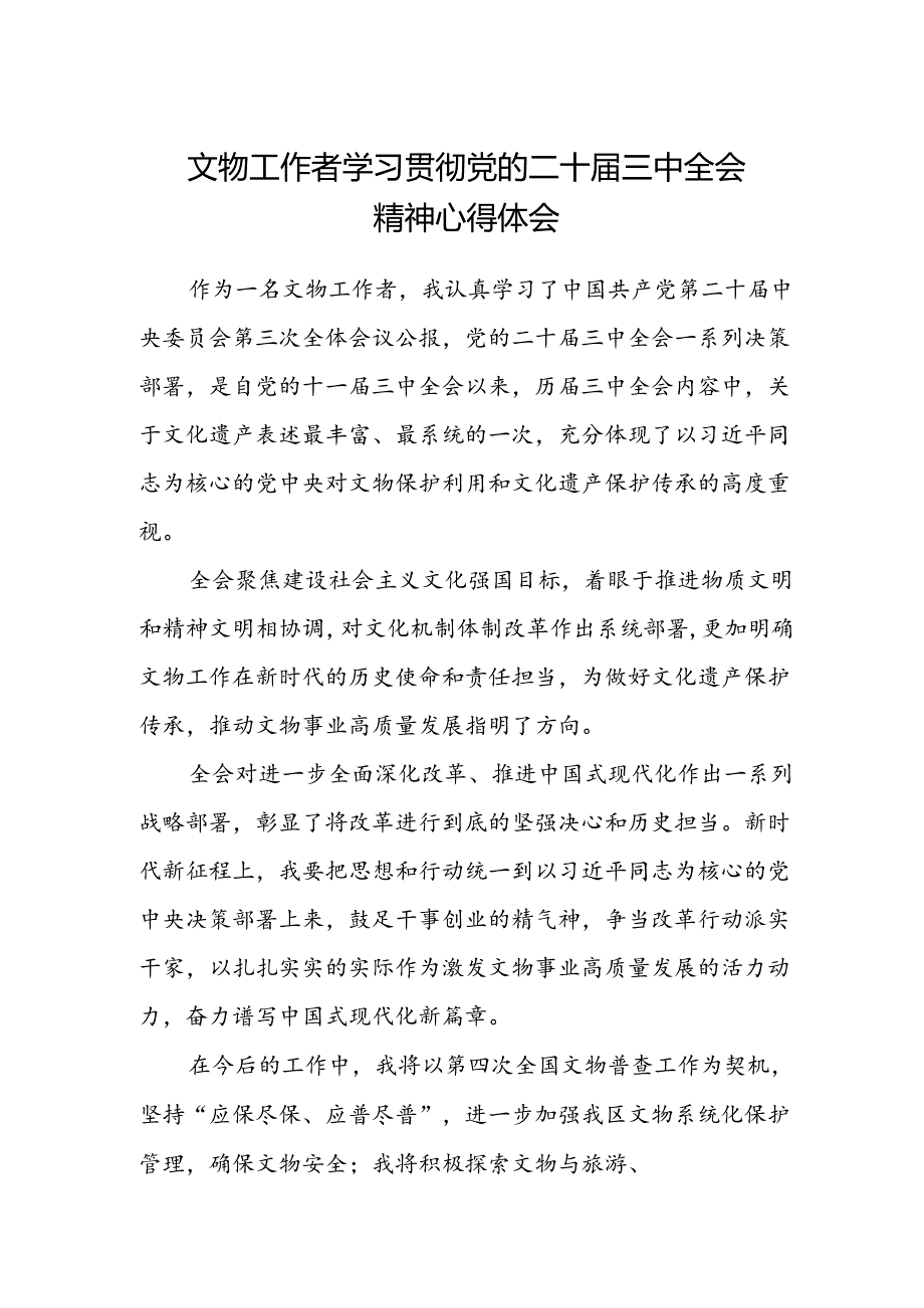 文物工作者学习贯彻党的二十届三中全会精神心得体会.docx_第1页