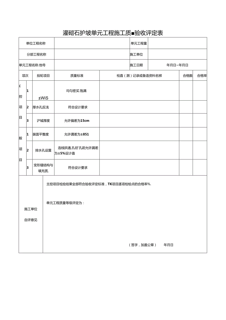 灌砌石护坡单元工程施工质量验收评定表.docx_第1页