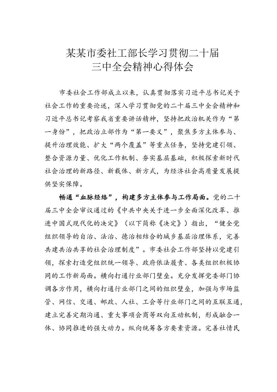 某某市委社工部长学习贯彻二十届三中全会精神心得体会.docx_第1页