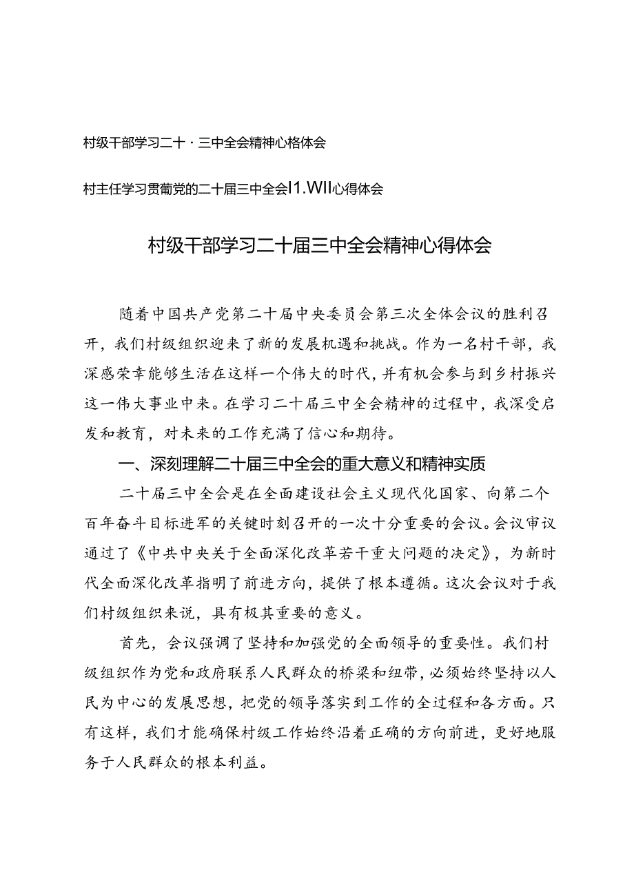 村级干部、村主任学习二十届三中全会精神心得体会.docx_第1页