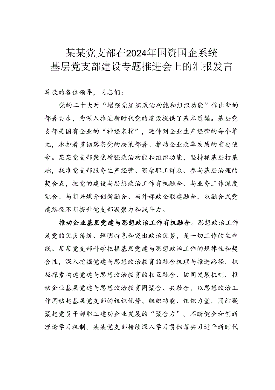 某某党支部在2024年国资国企系统基层党支部建设专题推进会上的汇报发言.docx_第1页