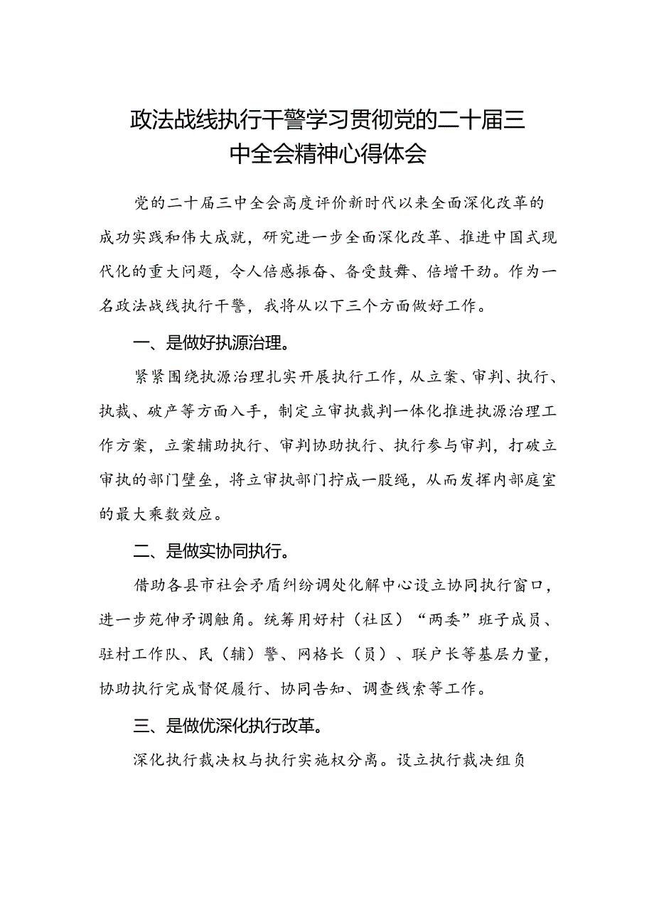 政法战线执行干警学习贯彻党的二十届三中全会精神心得体会.docx_第1页