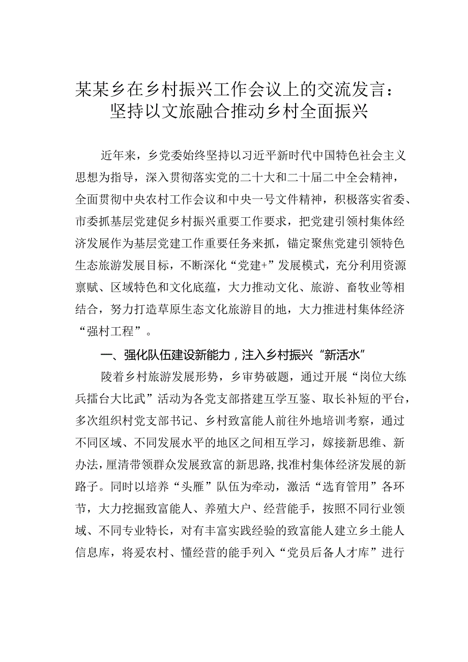 某某乡在乡村振兴工作会议上的交流发言：坚持以文旅融合推动乡村全面振兴.docx_第1页