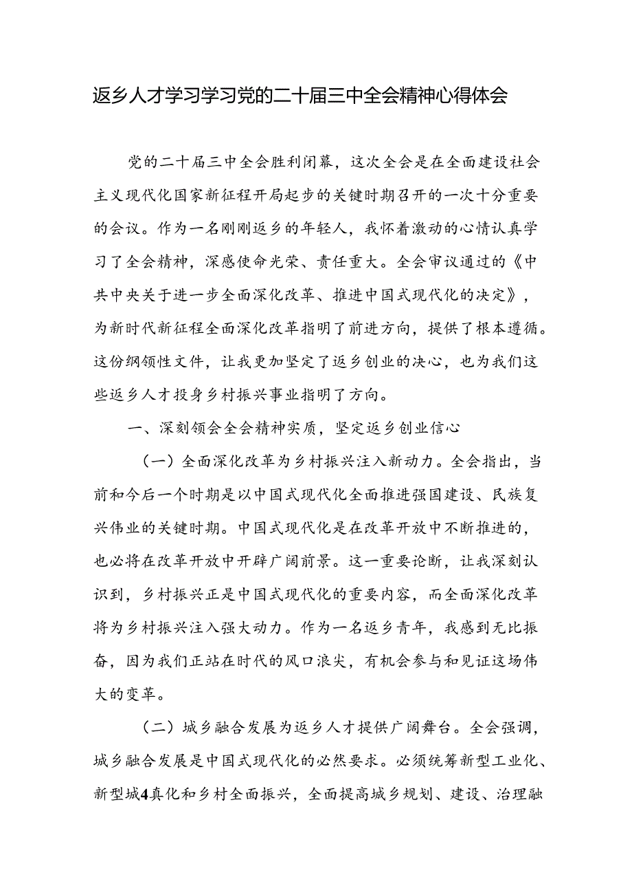 返乡人才学习学习二十届三中全会精神研讨发言心得体会.docx_第1页