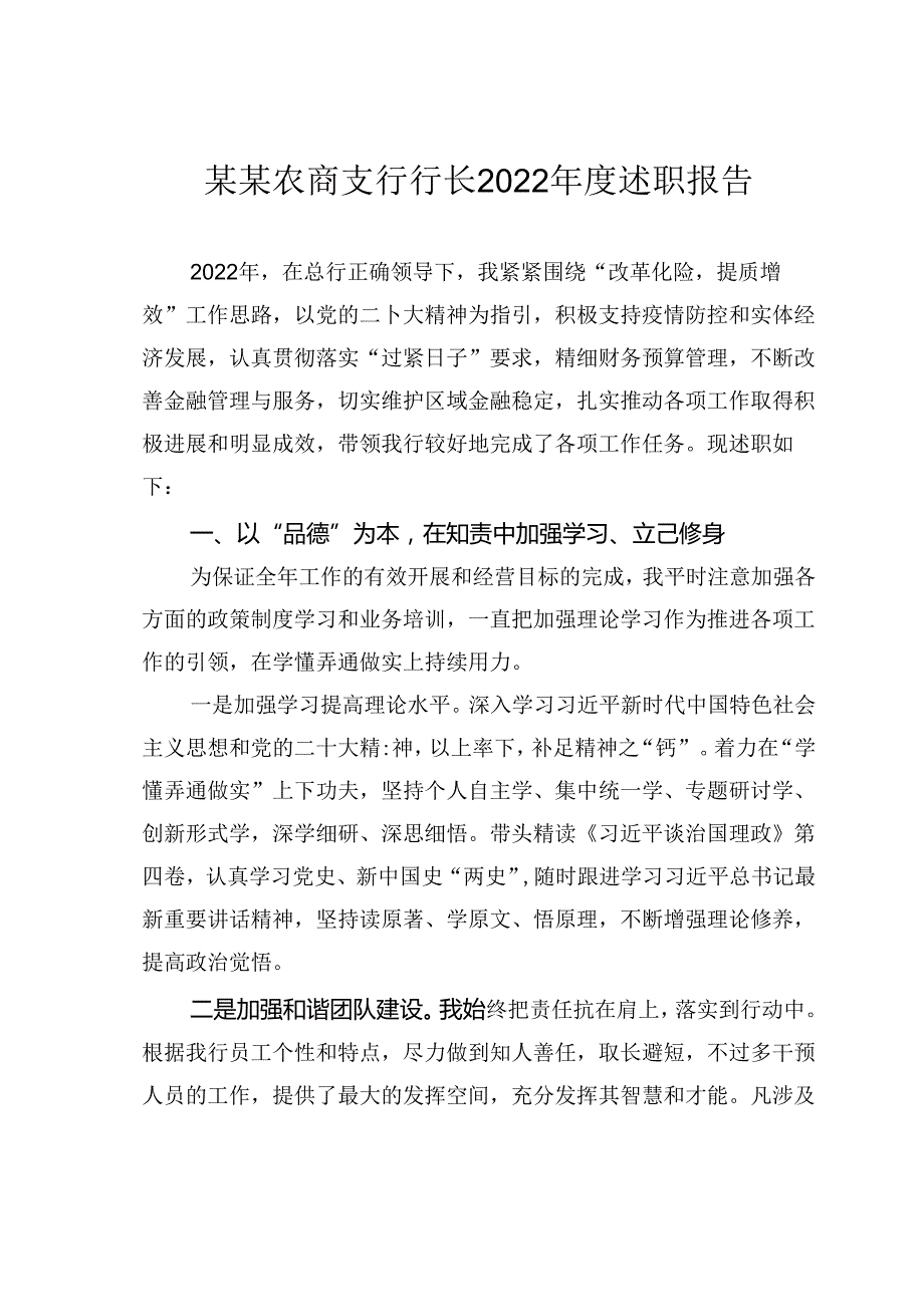 某某农商支行行长2022年度述职报告.docx_第1页