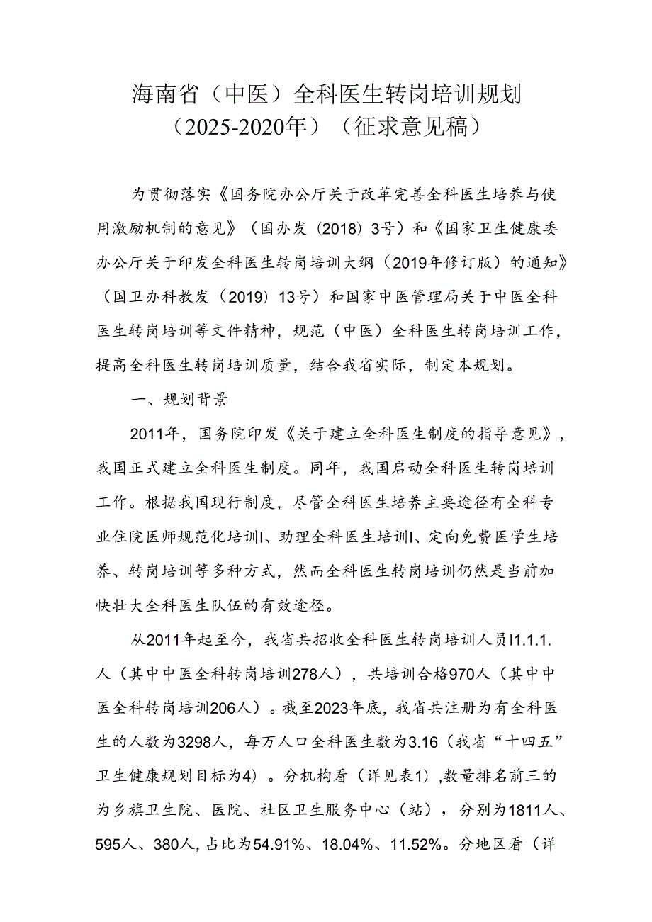 海南省（中医）全科医生转岗培训规划（2025-2020年）（征.docx_第1页