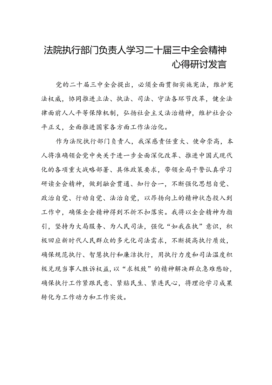 法院执行部门负责人学习二十届三中全会精神心得研讨发言.docx_第1页