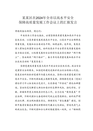 某某区在2024年全市以高水平安全保障高质量发展工作会议上的汇报发言.docx