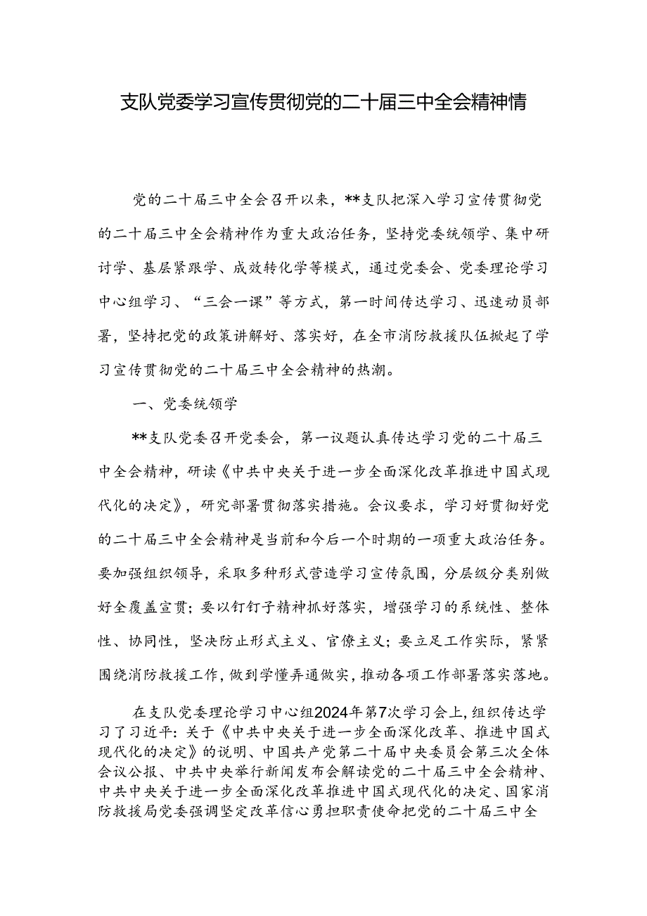 支队党委学习宣传贯彻党的二十届三中全会精神情况总结报告.docx_第1页