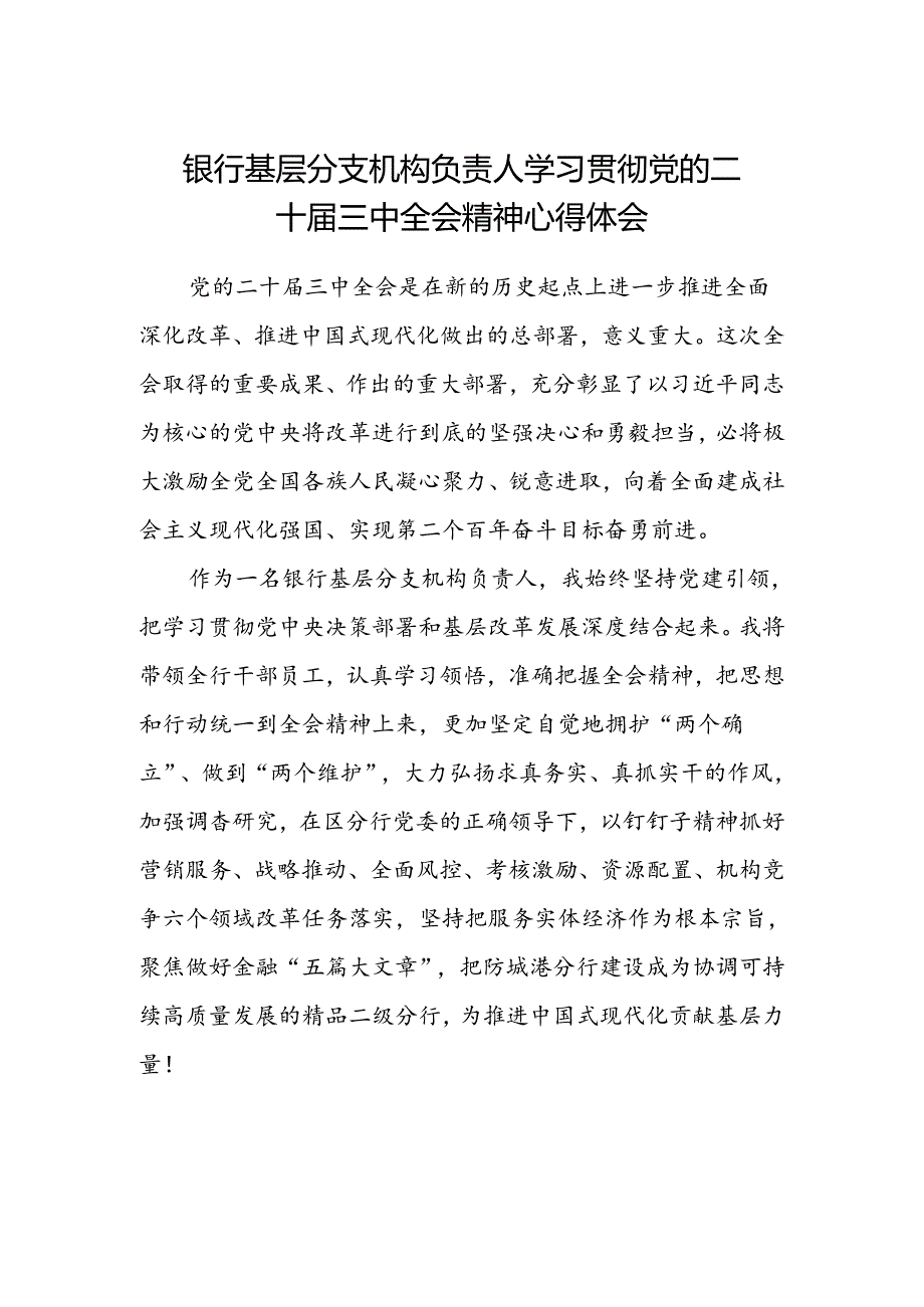 银行基层分支机构负责人学习贯彻党的二十届三中全会精神心得体会.docx_第1页