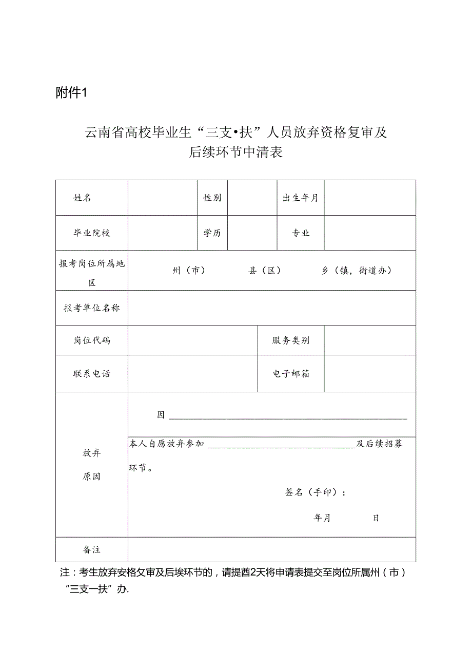 云南省高校毕业生三支一扶人员放弃资格复审及后续环节申请表.docx_第1页