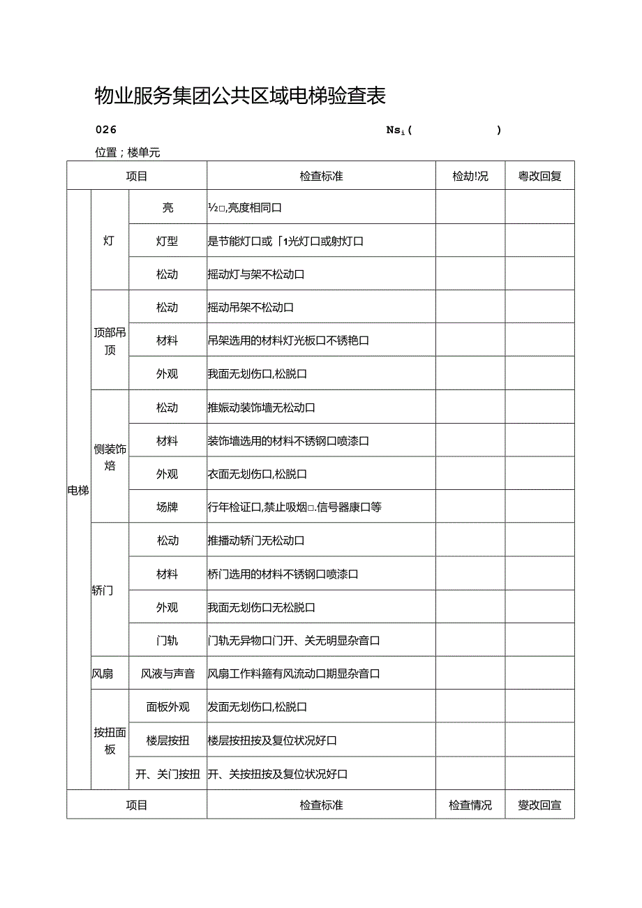 物业服务集团公共区域电梯验查表.docx