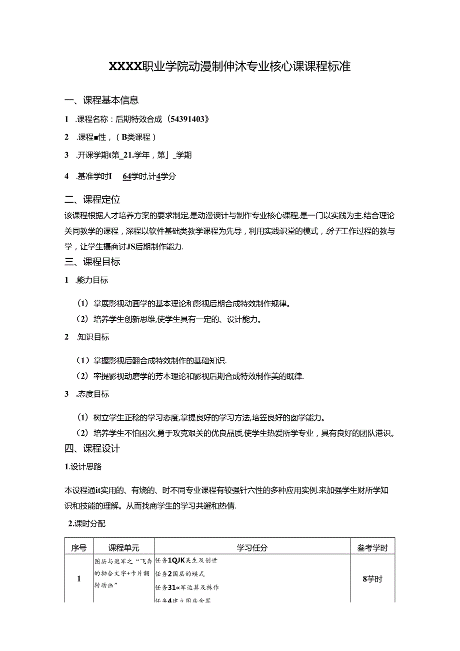 职业学院动漫制作技术专业后期特效合成核心课课程标准.docx_第1页