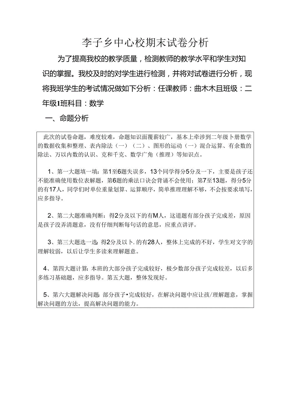 李子乡中心校二年级下期期末试卷分析(曲木木且)2024.7.8.docx_第1页