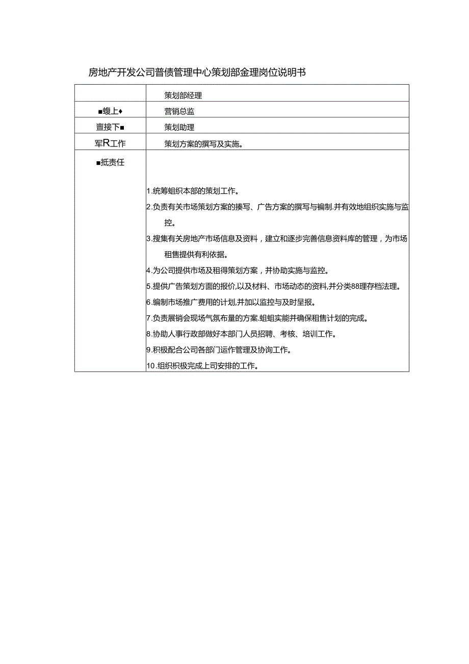 房地产开发公司营销管理中心策划部经理岗位说明书.docx