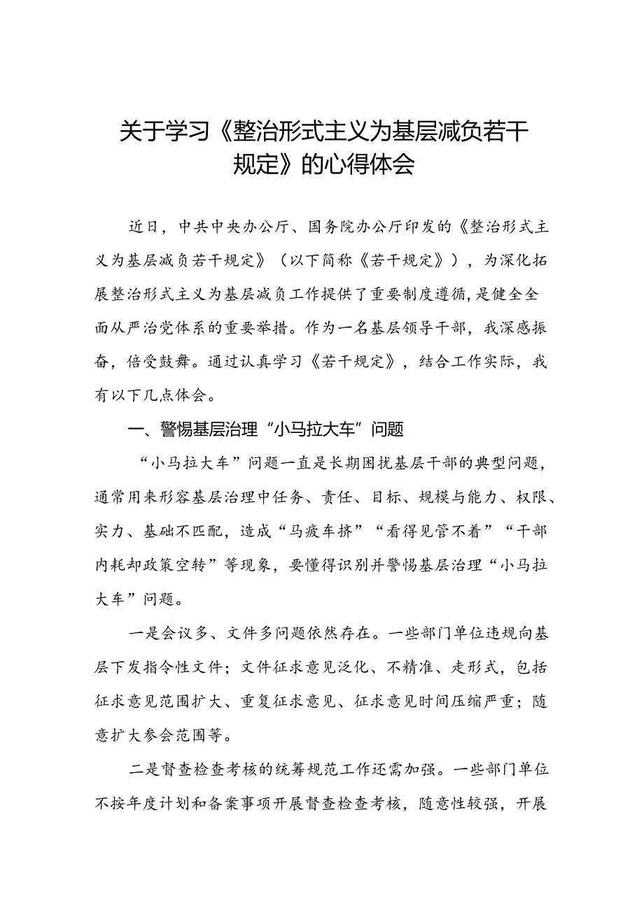 六篇整治形式主义为基层减负若干规定学习体会研讨发言材料.docx_第1页