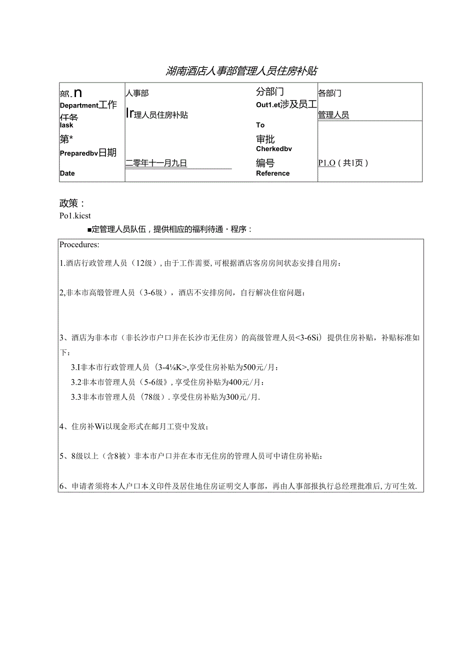 湖南酒店人事部管理人员住房补贴.docx