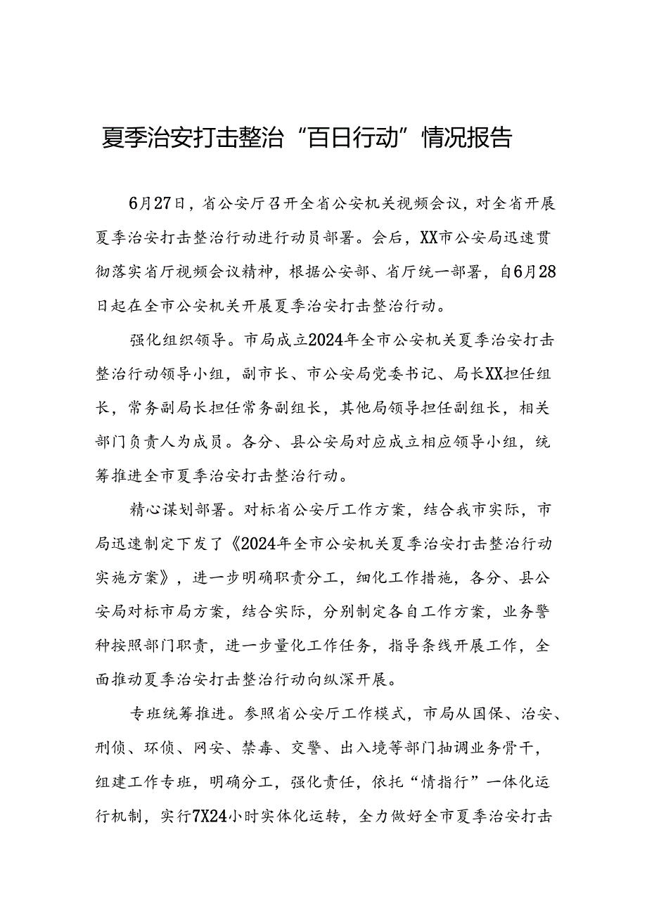 十八篇2024年公安扎实开展夏季治安打击整治行动情况报告.docx_第1页