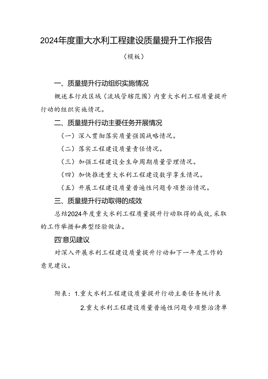 2024年度重大水利工程建设质量提升工作报告（模版）.docx_第1页