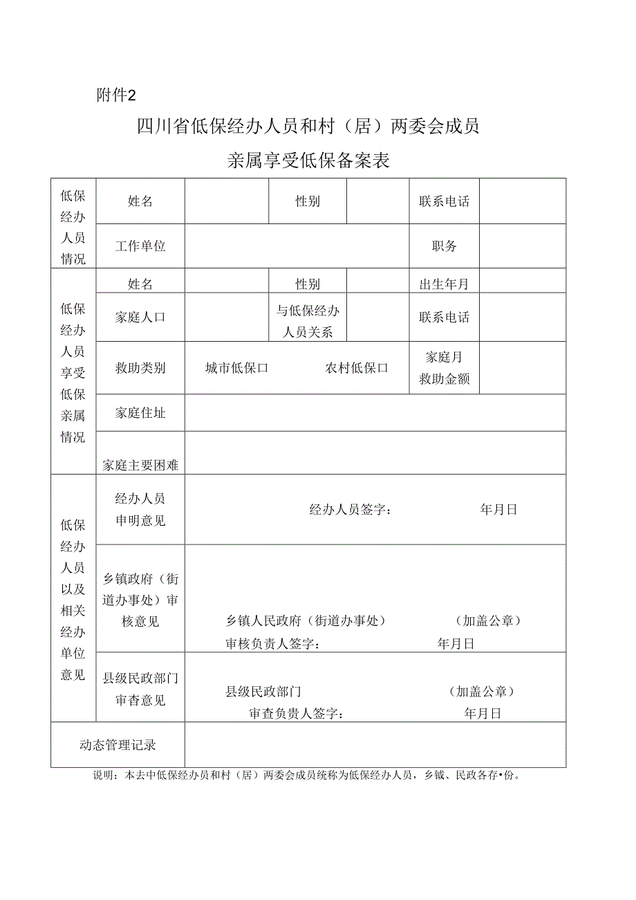 四川省低保经办人员和村（居）两委会成员 亲属享受低保备案表附件2.docx_第1页